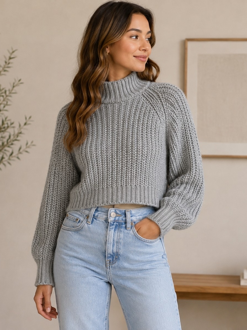 H&M Gray Chunky Knit Turtleneck Sweater